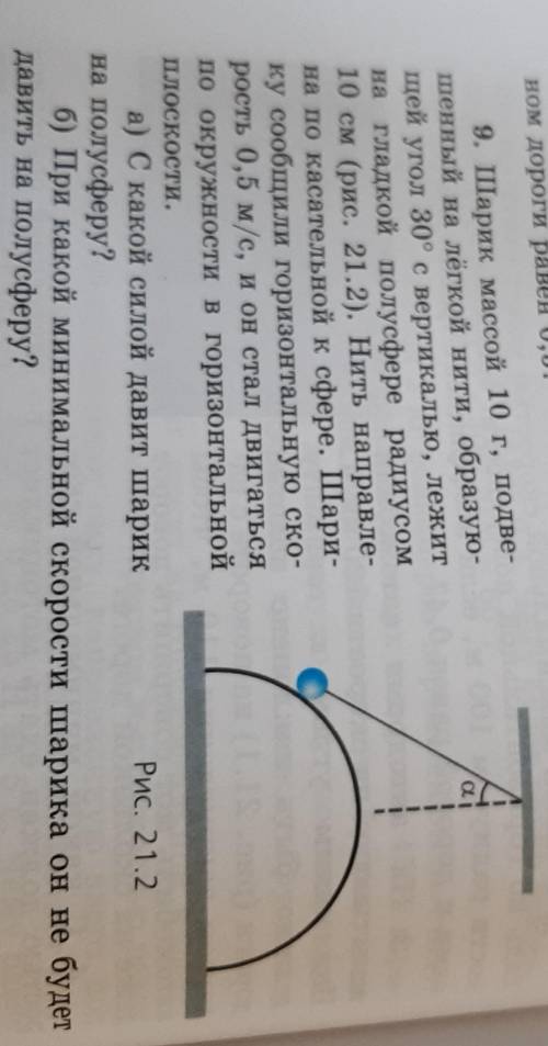 Шарик массой 10 г, подве- шенный на лёгкой нити, образую-щей угол 30° с вертикалью, лежитна гладкой