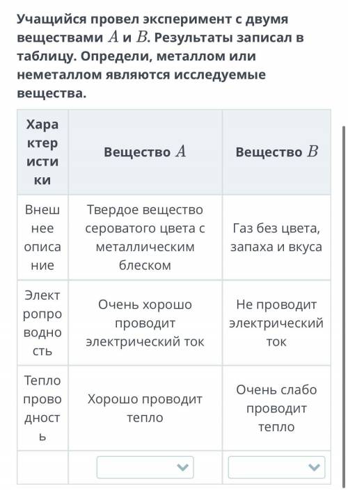 Учащийся провел эксперимент с двумя веществами A и B. Результаты записал в таблицу. Определи, металл