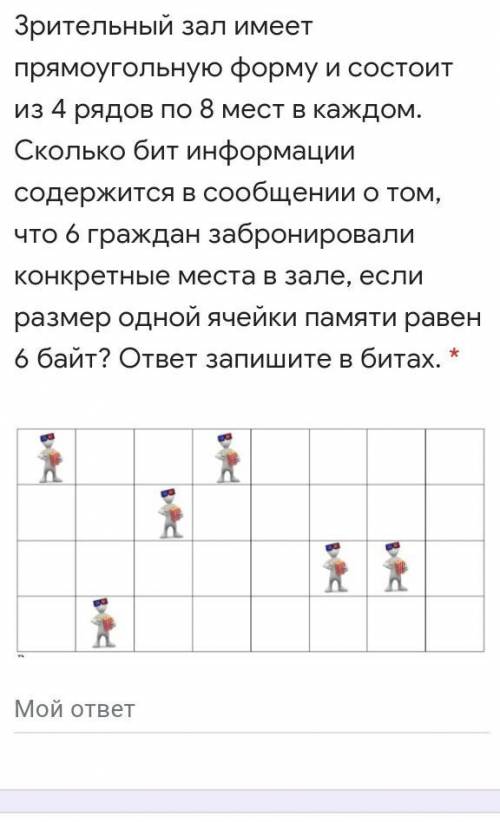 Зрительный зал имеет прямоугольную форму и состоит из 4 рядов по 8 мест в каждом. Сколько бит информ