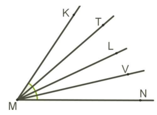 Луч ML является биссектрисой угла ∡KMN, луч MT — биссектрисой угла ∡KML, луч MV — биссектрисой угла