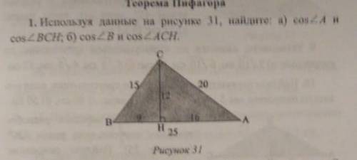 Используя данные на рисунке 31, найдите a) cos<A и cos< BCH , б) cos<B и cos<ACH​