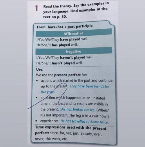 1 Read the theory. Say the examples in your language. Find examples in the text on p. 30.