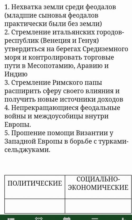 Распределите причины крестовых походов на две категории, указанные в таблице (ответы впишите цифрами