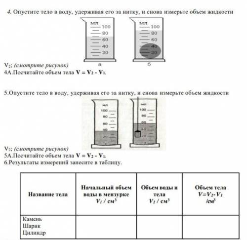 4.Опустите тело в воду, удерживая его за нитку, и снова измерьте объем жидкости V2; (смотрите рисуно