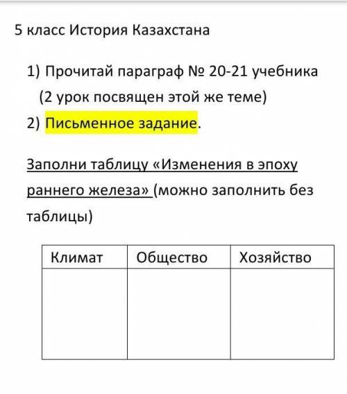 ПАМАГИТЕ 2) Письменное задание. Заполни таблицу «Изменения в эпоху раннего железа» (можно заполнить