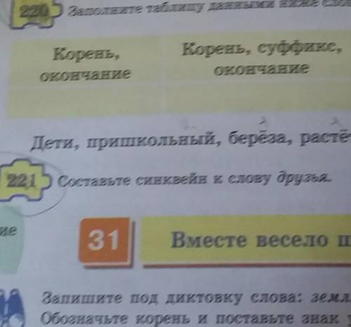 220) Заполните таблицу данными ниже словами в соответствии со схемами. Корень,окончаниеКорень, суффи