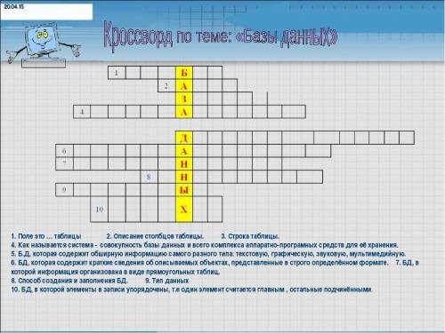 Решите кросворд по теме База Данных