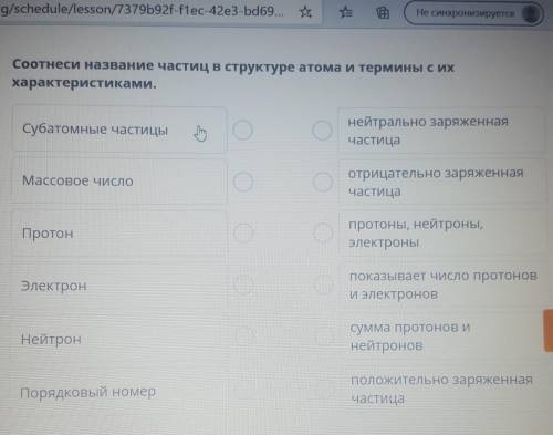 Соотнеси название частиц в структуре атома и термины с их характеристиками очень