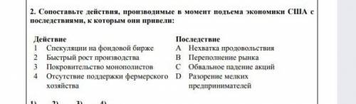 сопоставьте действия и производимые в момент подъёма экономики США с последствиями к которым они при