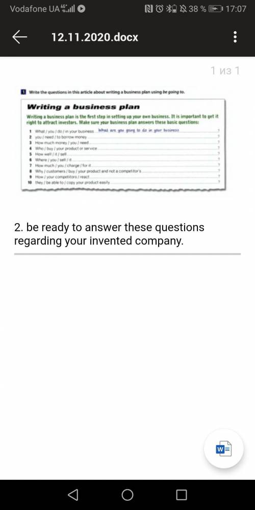 Write the questions in the article about writing a business plan using be going to and answer on it