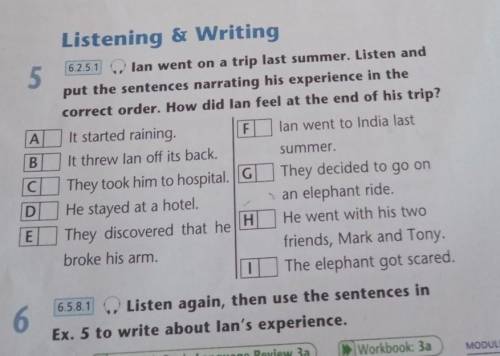 Listen again, then use the sentences inEx. 5 to write about lan's experience.​