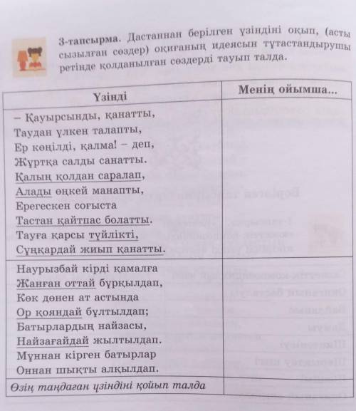 Дастаннан берілген үзіндіні оқып , ( асты сызылған сөздер ) оқиғаның идеясын тұтастандырушы ретінде