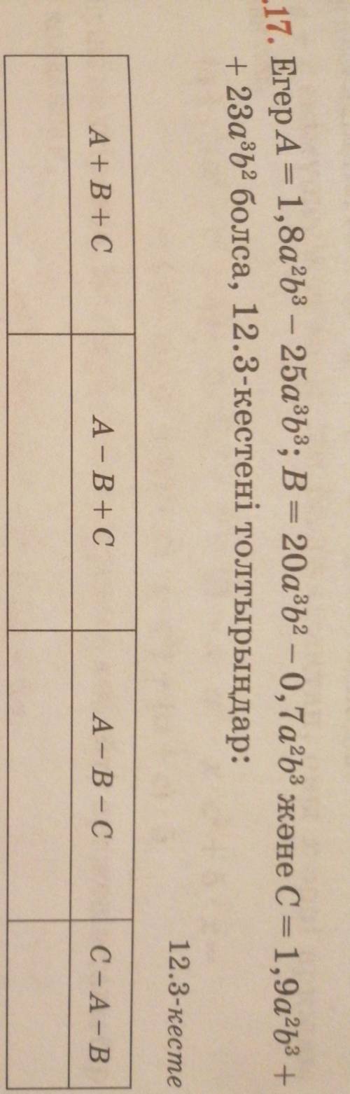 7. Егер А = 1,8a*b3 – 25a3b3; B = 20a3b? – 0,7a2b3 және C = 1,9a*b* + + 23a3b2 болса, 12.3-кестені т