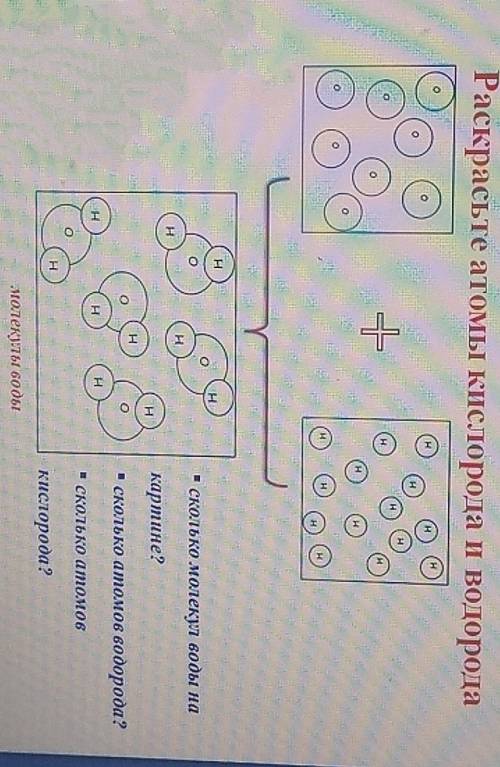 Раскрасьте атомы кислорода и водорода сколько мелекул воды на картине? сколько атомов водорода? скол