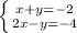 \left \{ {{x+y=-2} \atop {2x-y=-4}} \right.