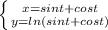 \left \{ {{x=sin t + cos t} \atop {y=ln(sin t + cos t)}} \right.