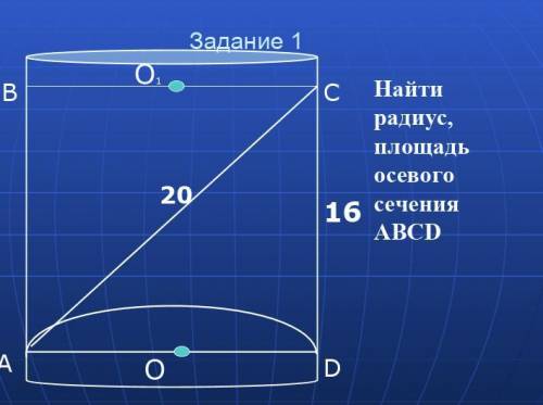 Найти радиус, площадь осевого сечения ABCD. Внутри скрин