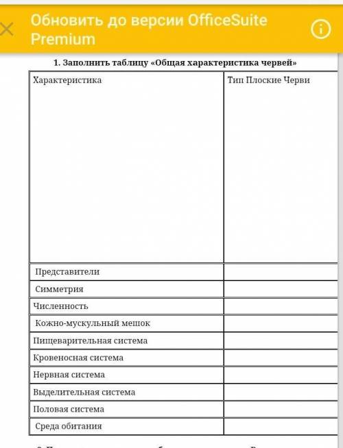 Заполните таблицу общая характеристика червей​