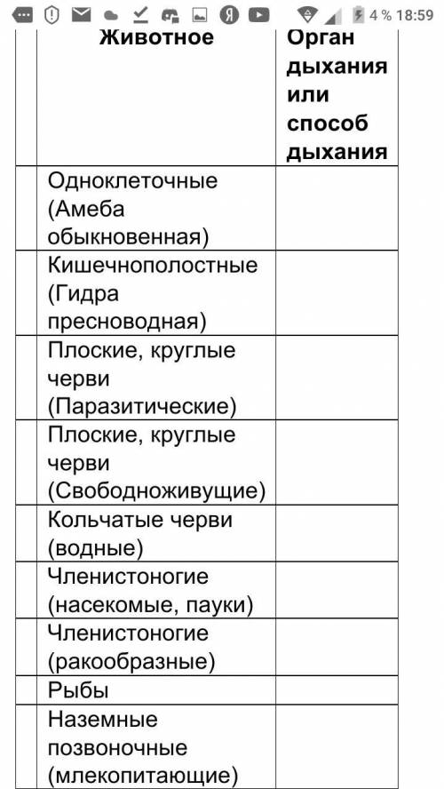 • Выполните задание: Начертите таблицу в тетрадь и заполните пустые колонки « Органы дыхания животны