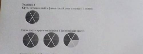 Задане | Круг, окрашеный в фиолетовый пакет ошачаст І целуюКакая часть круга закрашена и филетовыйцв