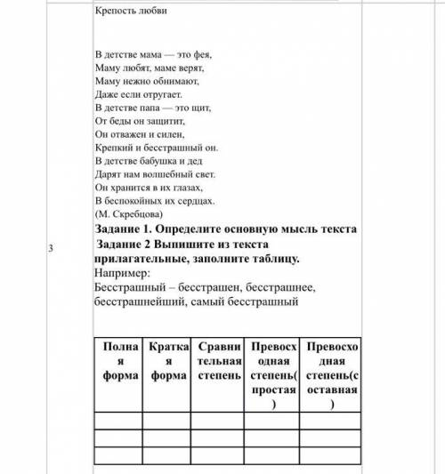 Задание 1. Определите основную мысль текста Задание 2 Выпишите из текста прилагательные, заполните т