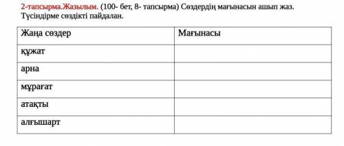 (100- бет, 8- тапсырма) Сөздердің мағынасын ашып жаз.  Түсіндірме сөздікті пайдалан. Жаңа сөздерМағы