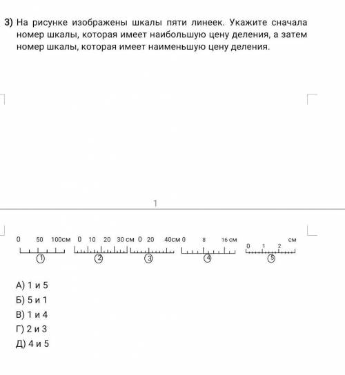На рисунке изображены шкалы пяти линеек. Укажите сначала номер шкалы, которая имеет наибольшую цену