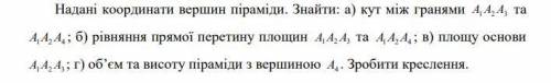 Надані координати вершин піраміди. Знайти: а) кут між гранями A1A2 A3 та A1A2A4 ; б) рівняння прямої