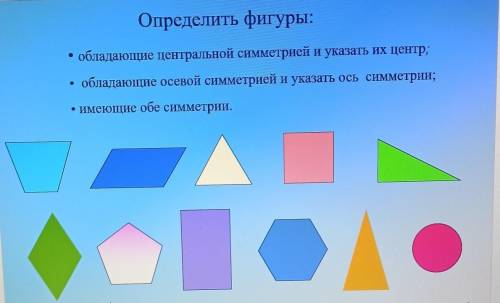 нужно поставить фигуры в три столбика: 1 центральная симметрия, 2 осевая симметрия, 3 общая​