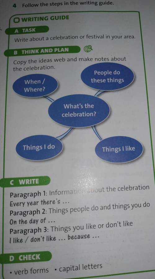 4 Follow the steps in the writing guide. O WRITING GUIDEns.otA TASKWrite about a celebration or fest