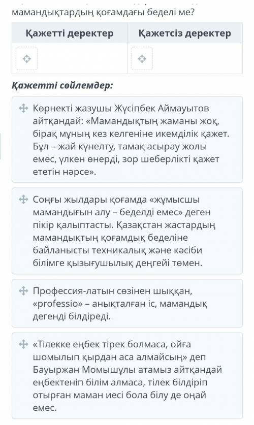 Сауалға сай деректерді оң ұяшыққа, қажетсіз деректерді сол ұяшыққа ажырат.Кім біледі? ​