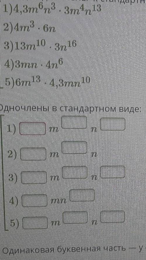 Приведи одночлены к стандартному виду и укажите те, у которых одинаковая буквенная часть.​