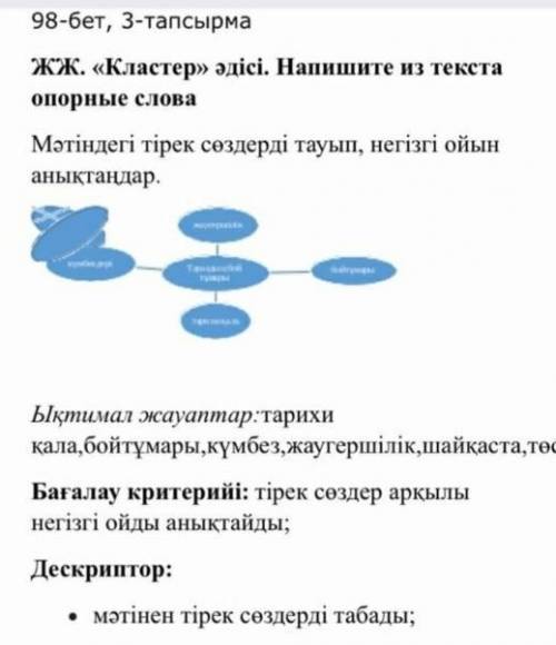 98-бет, 3-тапсырма ЖЖ. Кластер әдісі. Мәтіндегі тірек сөздерді тауып, негізгі ойын анықтаңдар.​