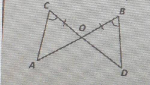 На рисунке отрезки AB и CD пересекаются в точке О. Отрезок ОB равен отрезку ОC,а угол B равен углу C