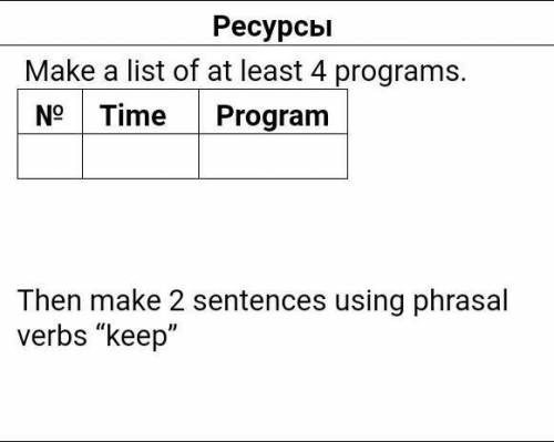 Ресурсы ! Make a list of at least 4 programs.N9 | Time ProgramThen make 2 sentences using phrasalver