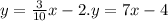 y = \frac{3}{10}x - 2.y = 7x - 4