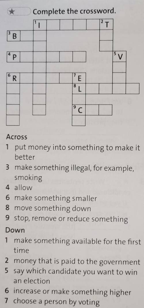 Complete the crossword. Across1 put money into something to make itbetter3 make something illegal, f