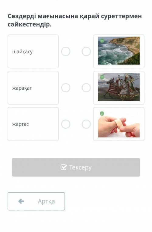 Сөздерді мағынасына қарай суреттермен cәйкестендір. шайқасужарақатжартас￼￼￼АртқаТексеру​