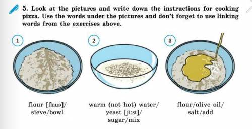 look at the pictures and write down the instructoins for cooking pizza Use the words under the pictu