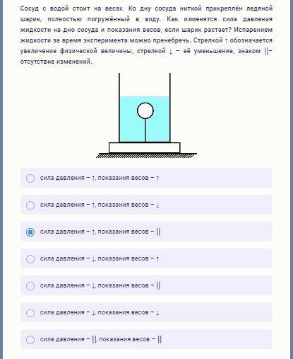 Сосуд с водой стоит на весах. Ко дну сосуда ниткой прикреплён ледяной шарик, полностью погружённый в