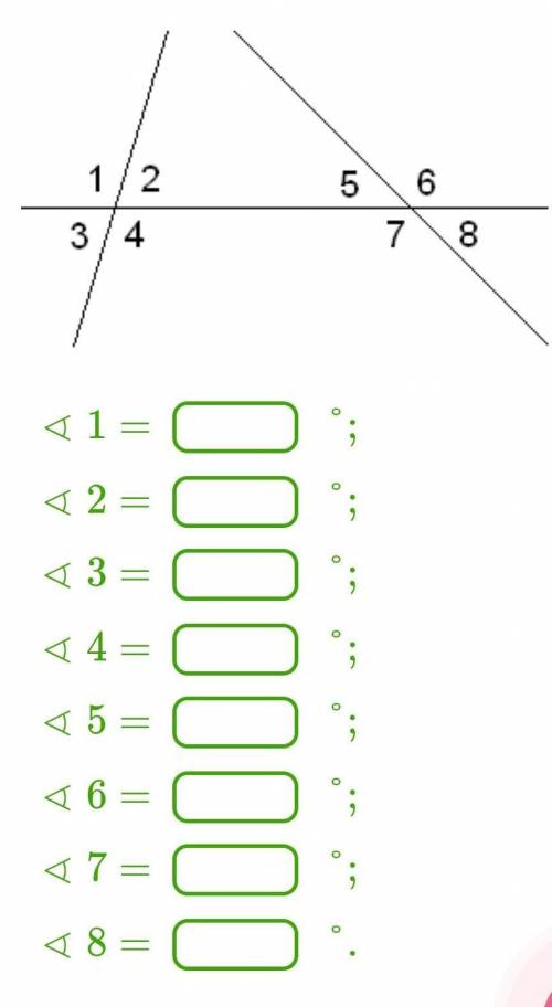 Дано: ∢1=116°,∢8=64°. Вычисли остальные углы.​