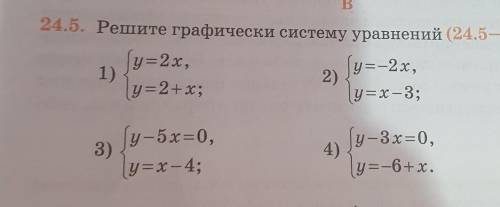 24.5. Решите графически систему уравнений (24.5—24.7): y=2x,1)y=-2х,2)y=2+x;y=x-3;3)y-5х=0,y=x - 4;4