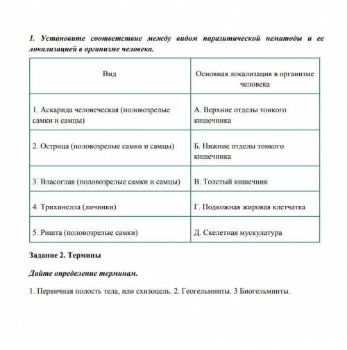 1.Установите соответствие между видами паразитической нематоды и ее локализацией в организме человек