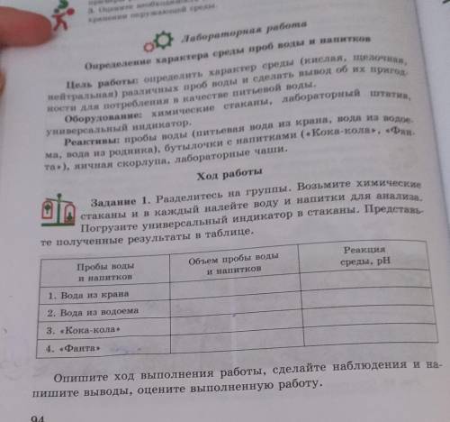 разделитесь на нруппы. возьмите химические стаканы и в каждый налейте воду и напитки для анализа. по