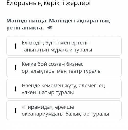 Елорданың көрікті жерлері Мәтінді тыңда. Мәтіндегі ақпараттың ретін анықта.Еліміздің бүгіні мен ерте