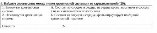 Найдите соответствие между типом кровеносной системы и ее характеристикой.​