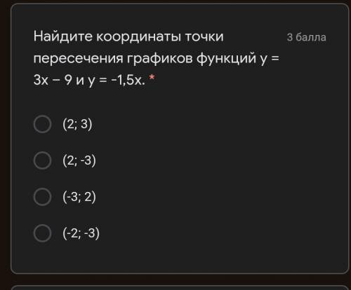 Найдите координаты точки пересечения графиков функций у = 3х – 9 и у = -1,5х​