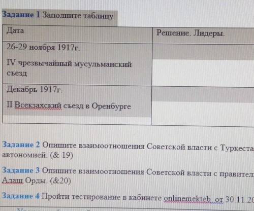 Задание 1 Ваполните таблишту ДатаРешение Лидеры.26-29 ноября 191гIV чрезвычайный мусульманскийСъездД