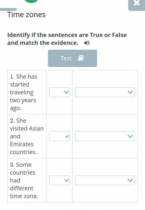 Identify if the sentences are True or False and match the evidence. 1. She has started traveling two