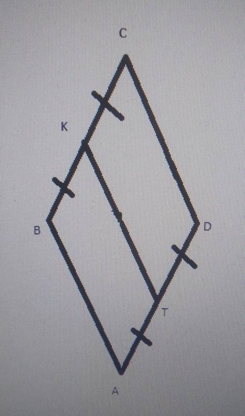 ( ) ABCD - ромб, т. К - середина стороны ВС, т. Т - середина стороны АD. Доказать, что KTCD - п/м​​